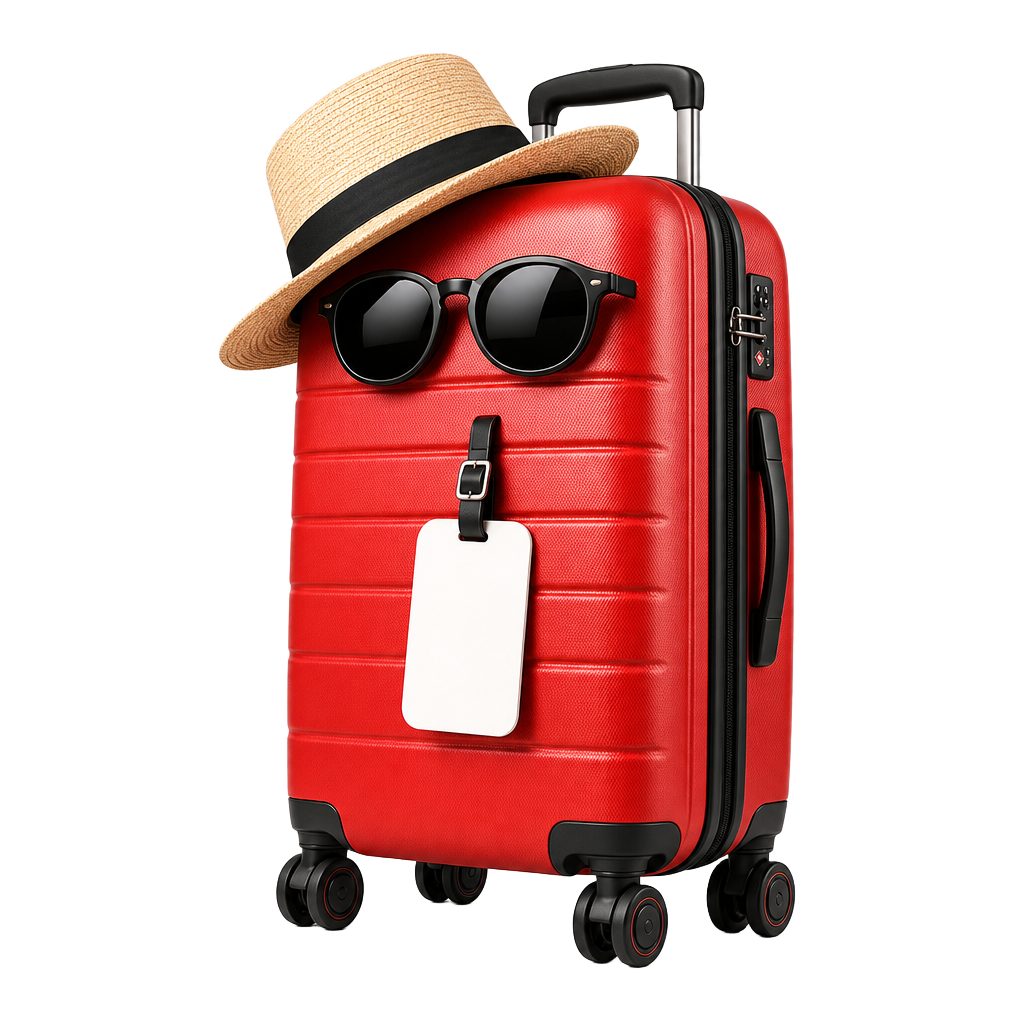 A red suitcase wearing sunglasses and a hat, ready for a day without its owner